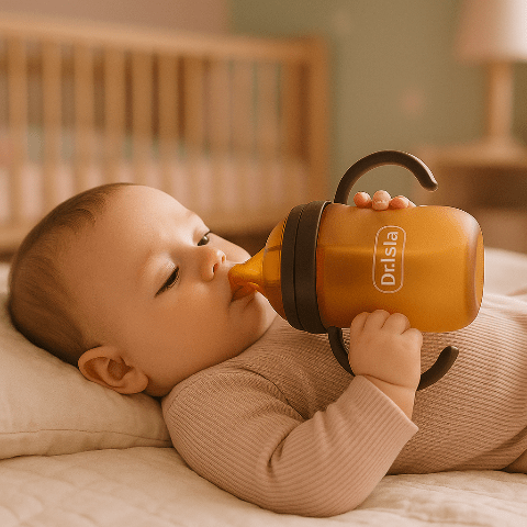 bébé allongé et boit son lait