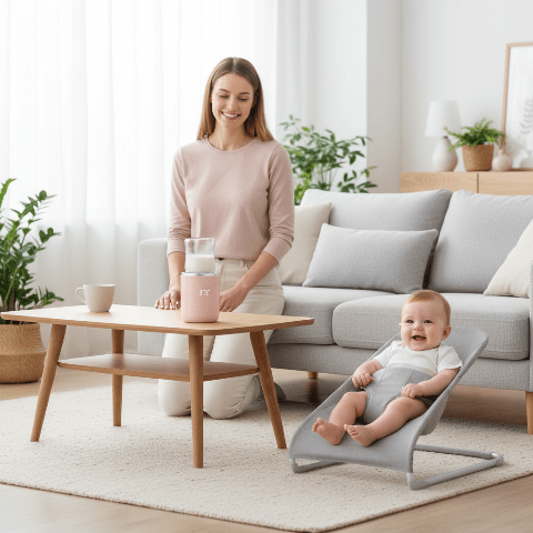 Maman et bébé avec le chauffe-biberon rose cylindrique