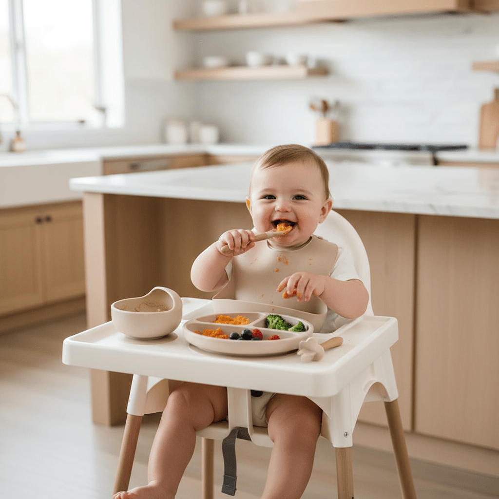 Bébé Utilisant le Set Vaisselle Beige