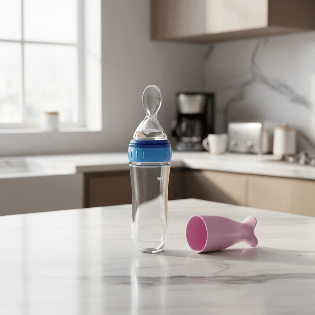 Biberon-cuillère silicone bleu avec couvercle sur comptoir