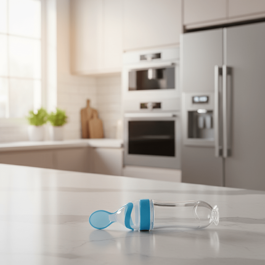 Biberon-cuillère silicone bleu sur comptoir