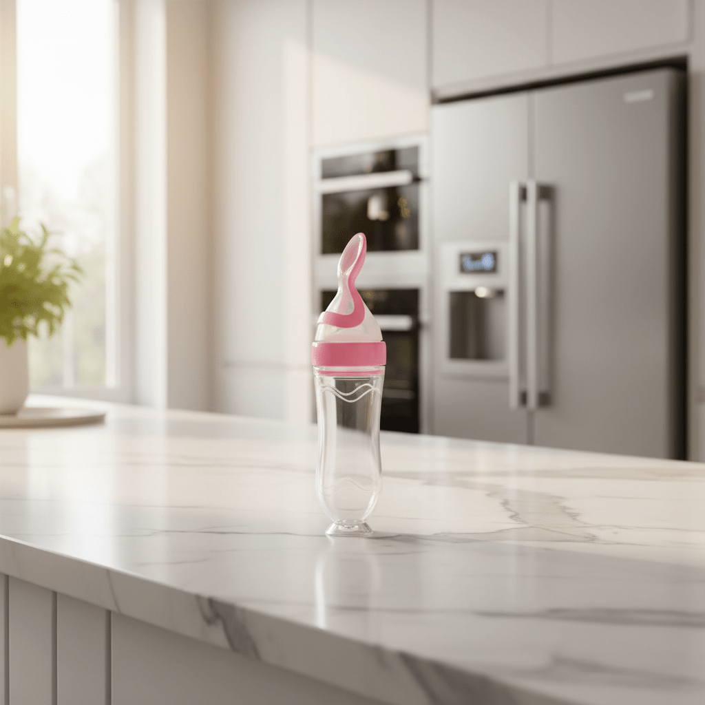 Biberon-cuillère silicone rose sur comptoir