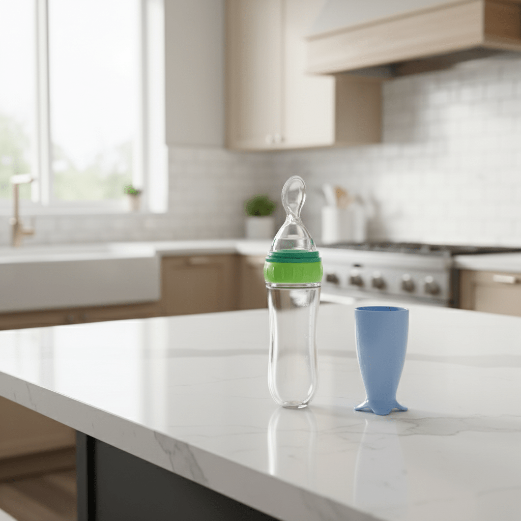 Biberon-cuillère silicone vert sur comptoir