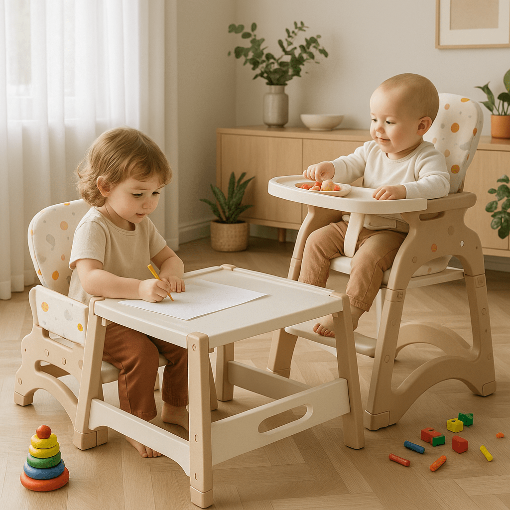 un bébé assis dans sa chaise haute et un enfant assis sur chaise et dessine sur table