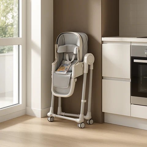 chaise haute bébé rangée dans un coin de cuisine
