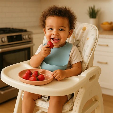 un bébé garçon assis dans sa chaise haute, souriant et tient dans sa main une fraise.
