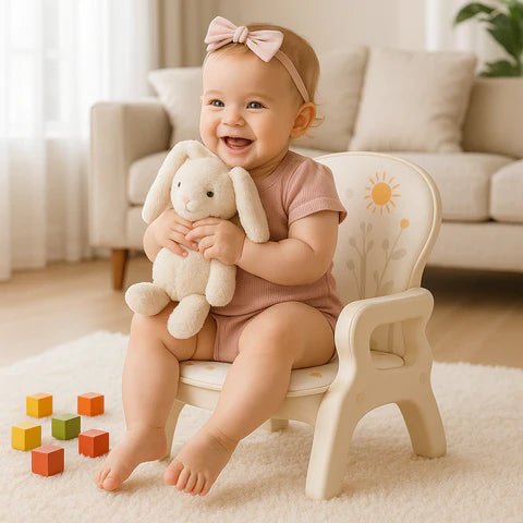 une bébé fille sassise sur une chaise basse dans son salon , elle est souriante