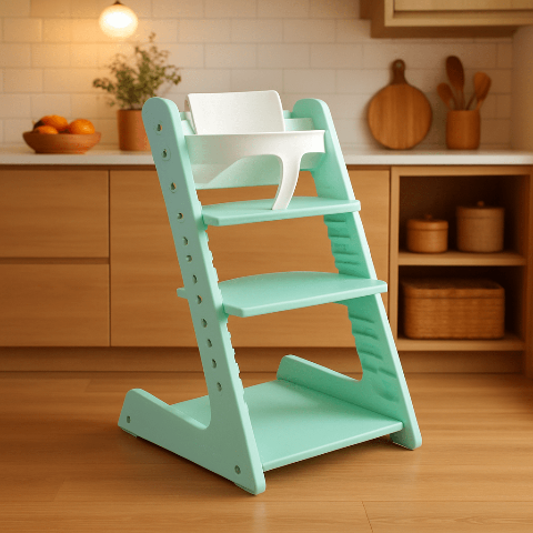 chaise haute bébé multi-usage de couleur vert dans une cuisine