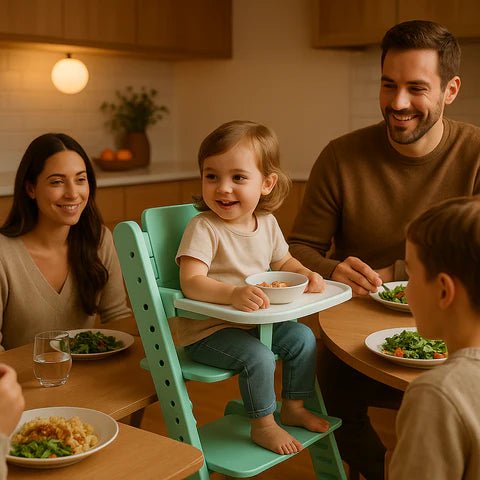 une famille autour d'une table de diner et le bébé assis dans sa chaise haute au milieu de sa famille