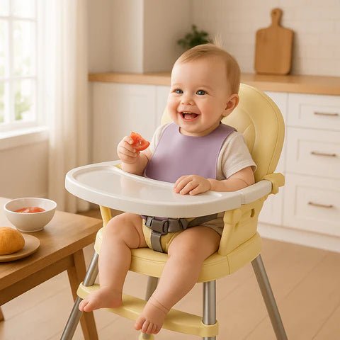 bébé dans sa chaise haute souriant dans la cuisine