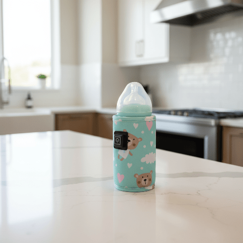 Chauffe-biberon turquoise sur comptoir de cuisine moderne