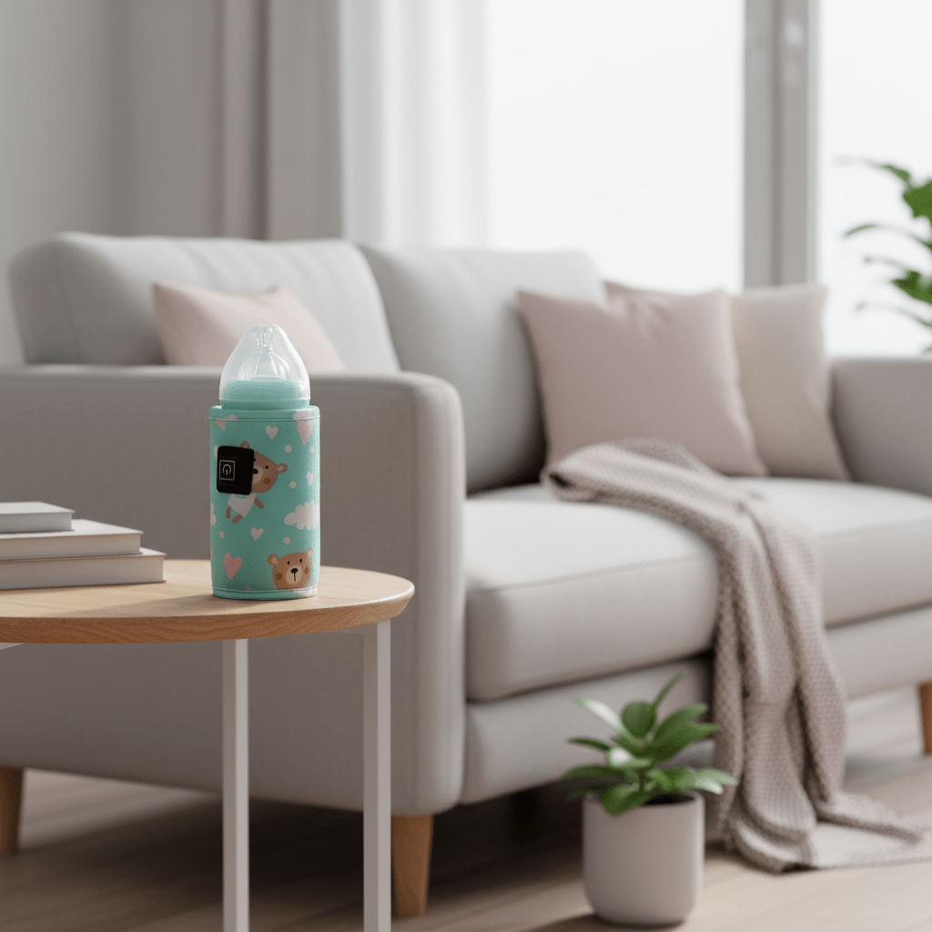 Chauffe-biberon turquoise sur table d'appoint de salon