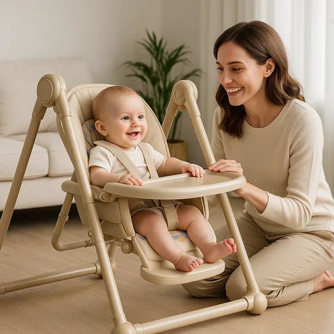 bébé assis dans une balançoire, la maman souriante à côté de lui.