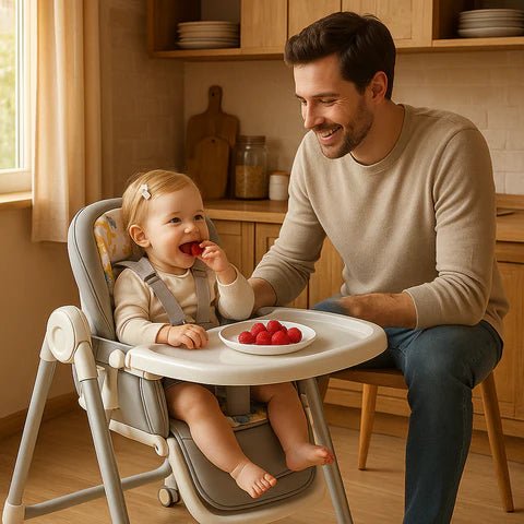 bébé fille assise dans la chaise haute dans la cuisine