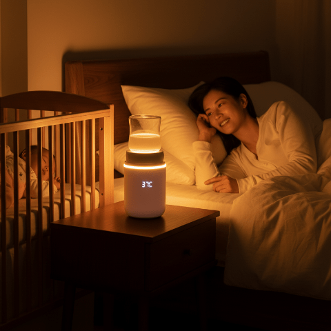 Scène nocturne avec chauffe-biberon cylindrique et lumière ambrée