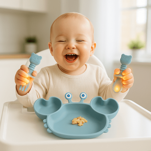 bébé content en tenant une cuillère et une fouchette en slicone avec une assiette sous forme de crabe avec 3 compartiments
