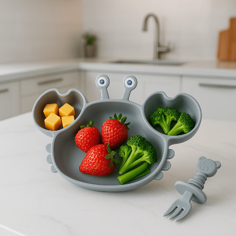 aiiette sous forme de crabe à 3 compartiments en silicone