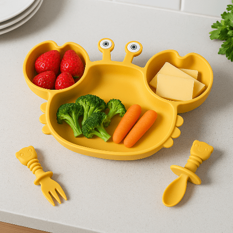 un set de tableau en silicone jaune sous forme de crabe