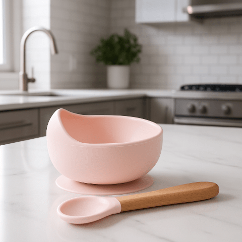 bol à ventouse rose sur un comptoir de cuisine