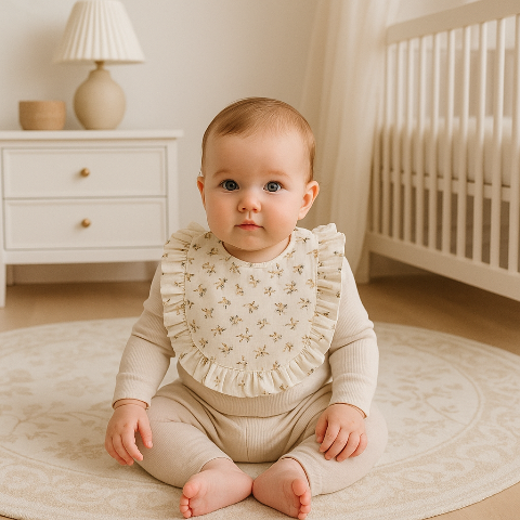 bébé fille assise sur un tapis et portant un bavoir cozo à volant 