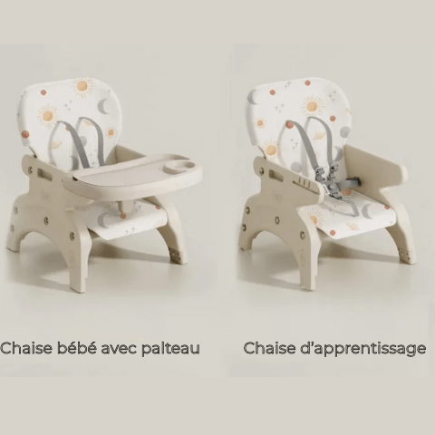 deux chaises basses une avec plateau et l'autre une chaise d'apprentissage