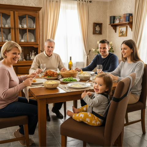 Famille réunie chez les grands-parents avec bébé dans siège portable