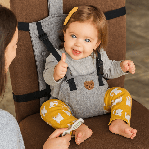 petite fille assise avec un siège à harnais sur une chaise de salle à manger