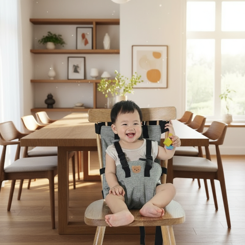 Bébé fille souriante dans siège portable gris dans belle salle à manger