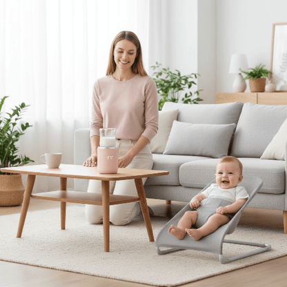 Maman et bébé avec le chauffe-biberon rose cylindrique