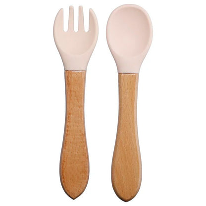 Couvert pour bebe- en silicone-manche-bois