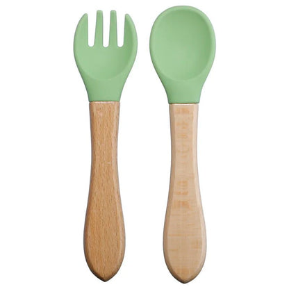 Couvert pour bebe- en silicone-manche-bois