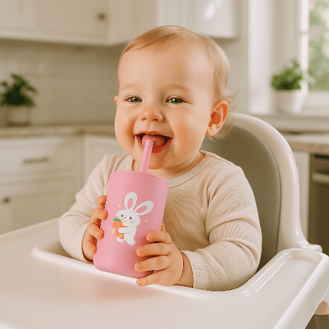 bébé boit dans son verre rose 