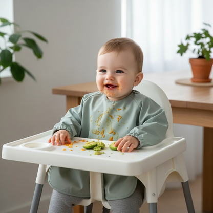 Bébé assis dans sa chaise haute portant le bavoir vert en train de manger