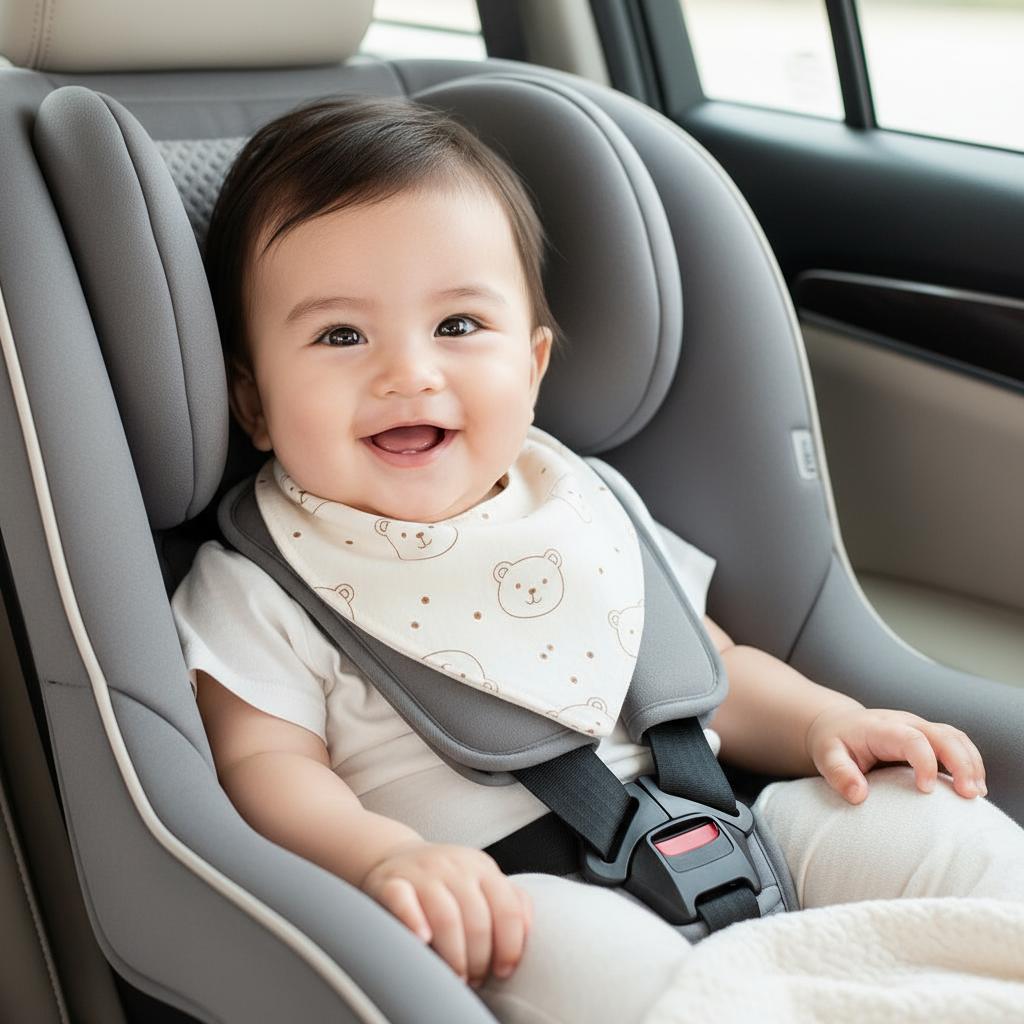 Bébé assis dans siège auto portant bavoir bandana crème avec motif ourson