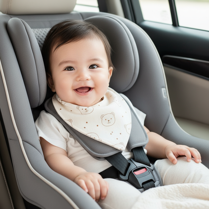 Bébé assis dans siège auto portant bavoir bandana crème avec motif ourson