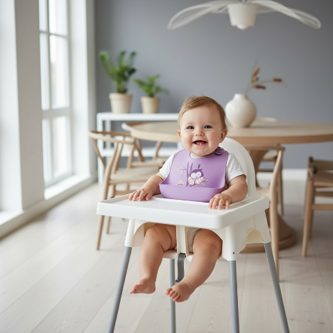 Bébé avec bavoir hibou violet dans chaise haute