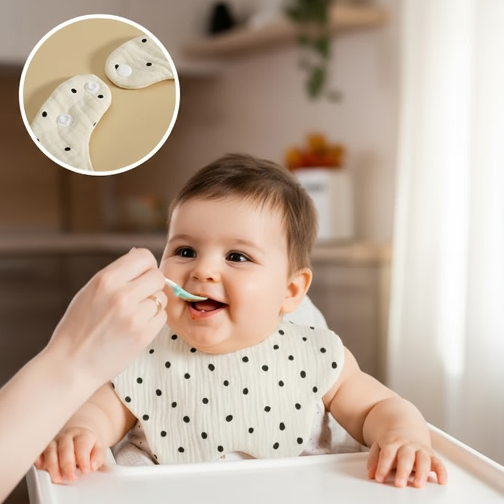 Bébé avec bavoir à pois court