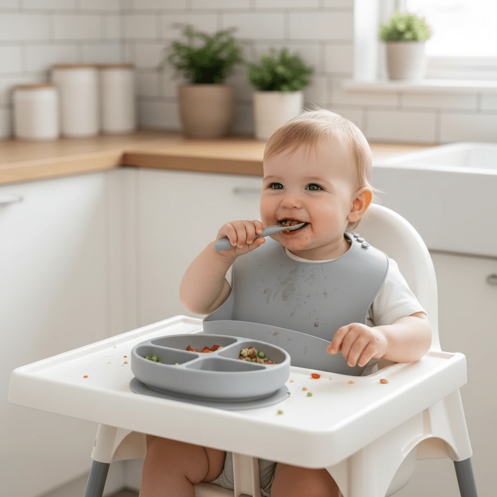 Bébé avec Bavoir Utilisant le Set Vaisselle Cendre