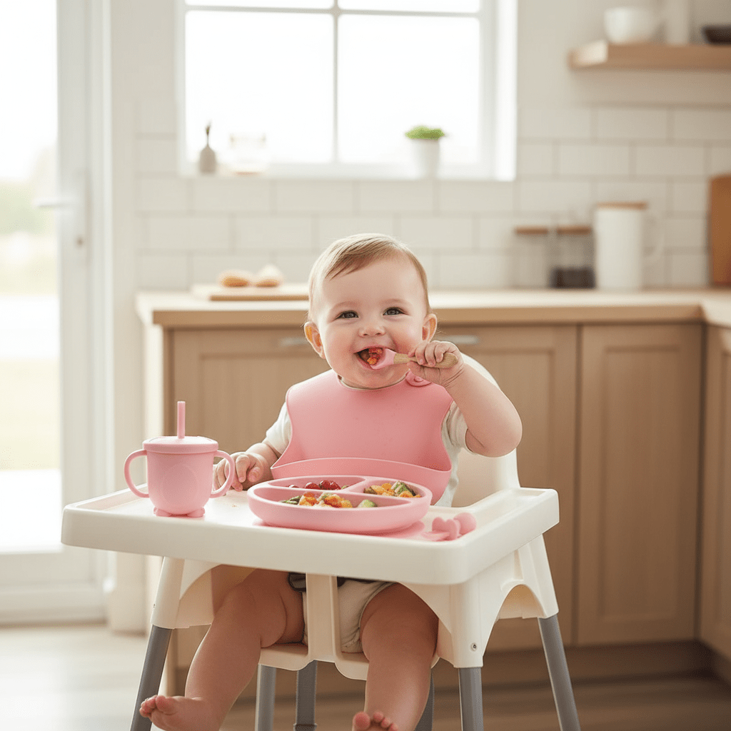 Bébé avec Bavoir Utilisant le Set Vaisselle Rose