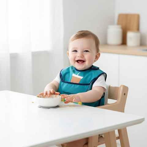 Bébé dans chaise haute portant le bavoir monstre vert turquoise