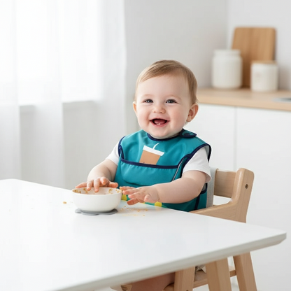 Bébé dans chaise haute portant le bavoir monstre vert turquoise