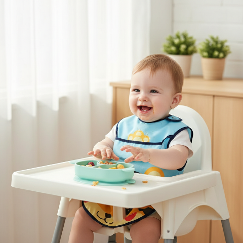 Bébé dans chaise haute portant le bavoir tigre bleu clair