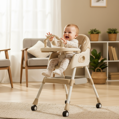 Bébé dans la chaise haute avec jouet suspendu