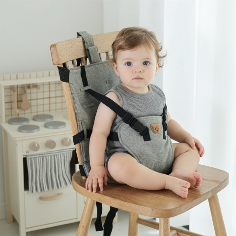 Bébé différent assis dans siège portable gris avec cuisine jouet en arrière-plan