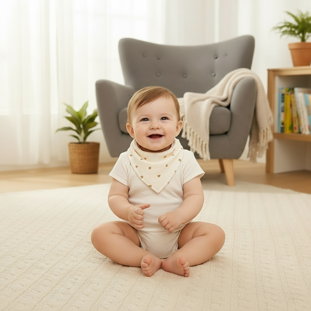 Bébé fille assise sur tapis portant bavoir bandana très court comme une écharpe
