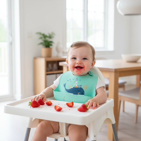Bébé fille avec bavoir baleine mangeant des fraises