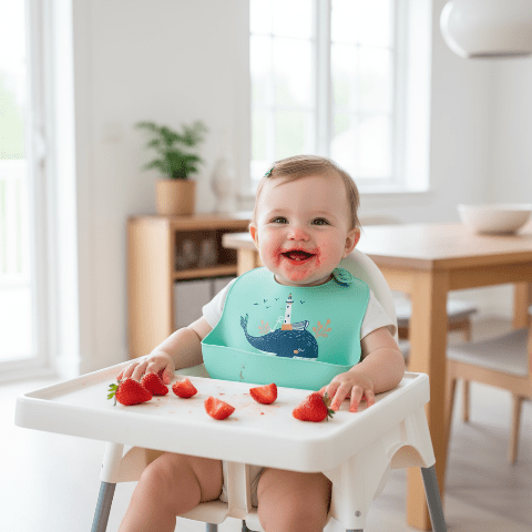 Bébé fille avec bavoir baleine mangeant des fraises