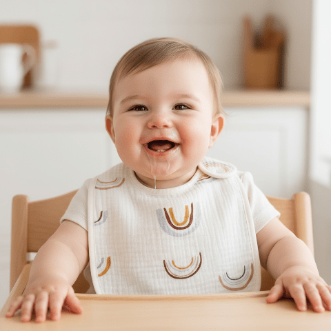 Bébé fille avec bavoir dans chaise haute