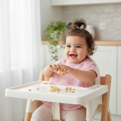 Bébé fille dans chaise haute portant bavoir rose avec motifs fleurs