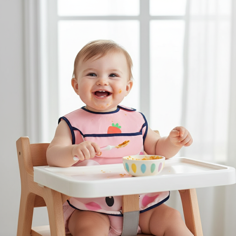 Bébé fille dans chaise haute portant le bavoir lapin rose